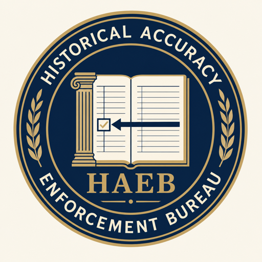 The HAEB seal. A double ring bearing the words HISTORICAL ACCURACY above and ENFORCEMENT BUREAU below, enclosing an open ruled ledger whose spine forms a classical column. A single backward pointing arrow is pressed flat across the open page and terminates in a small checked approval box. Laurel fragments flank the emblem. The letters HAEB appear beneath.